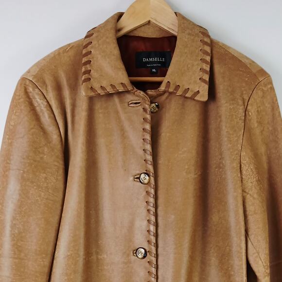 Damselle VTG SZ XL Genuine Leather Whip Stitched Button Front Buttery Soft Coat - Picture 3 of 5